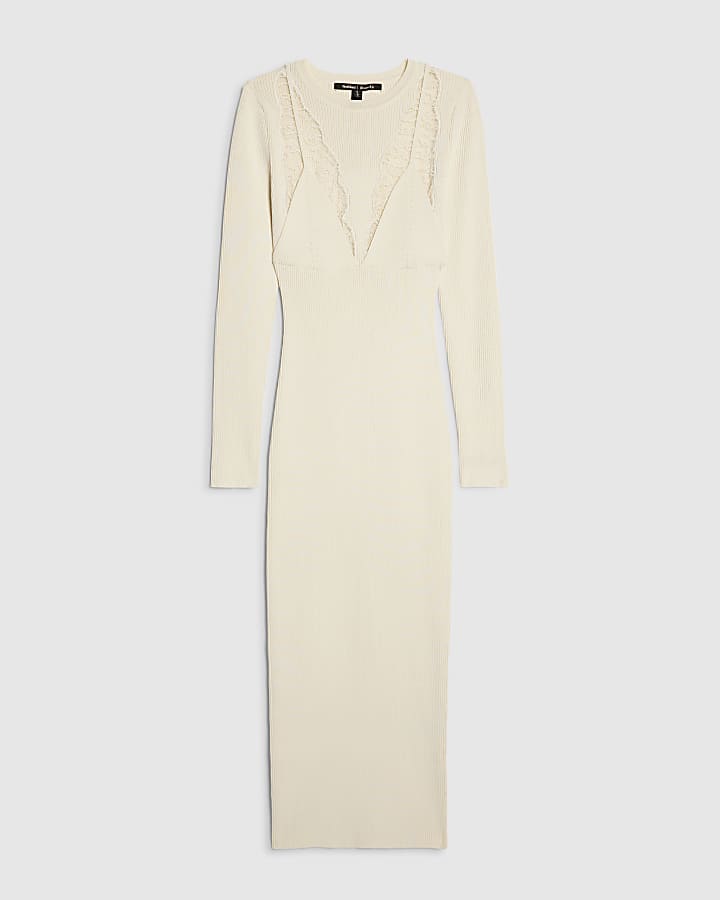 Cream Lace Insert Rib Midi Dress