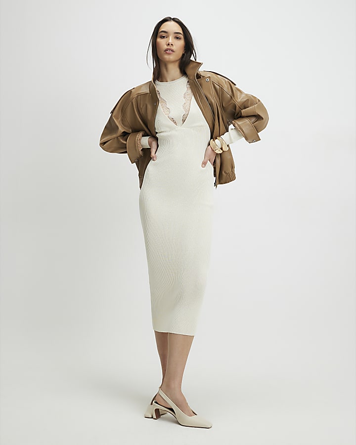 Cream Lace Insert Rib Dress