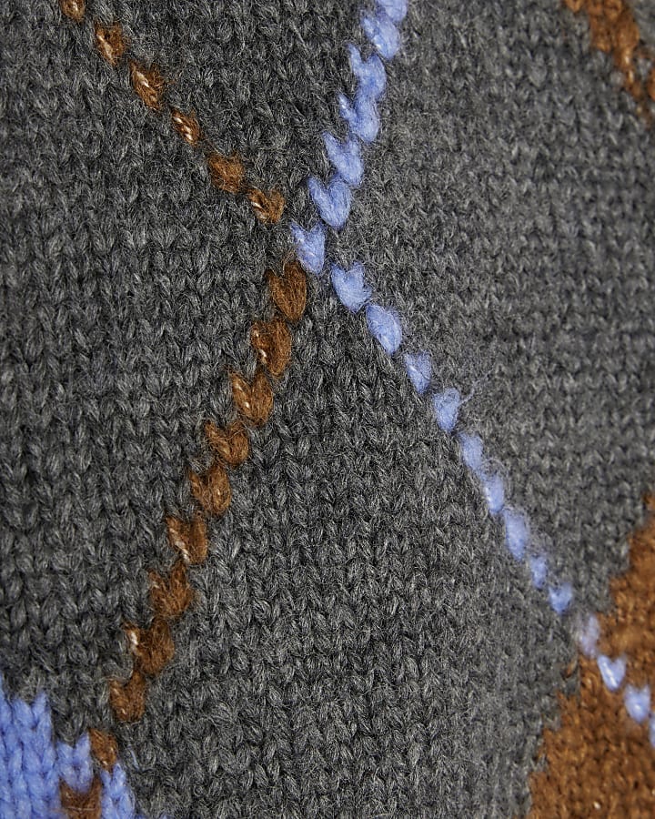 Grey Knitted V Neck Argyle Print Cardigan