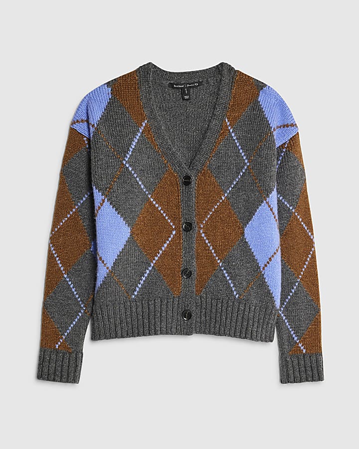 Grey Knitted V Neck Argyle Print Cardigan