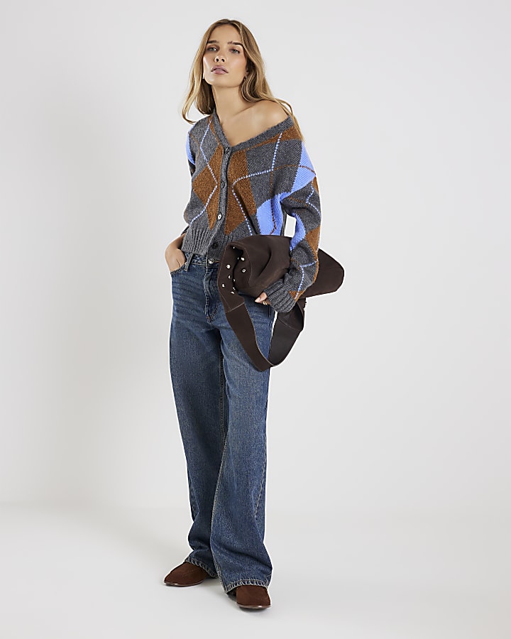 Grey Knitted V Neck Argyle Print Cardigan