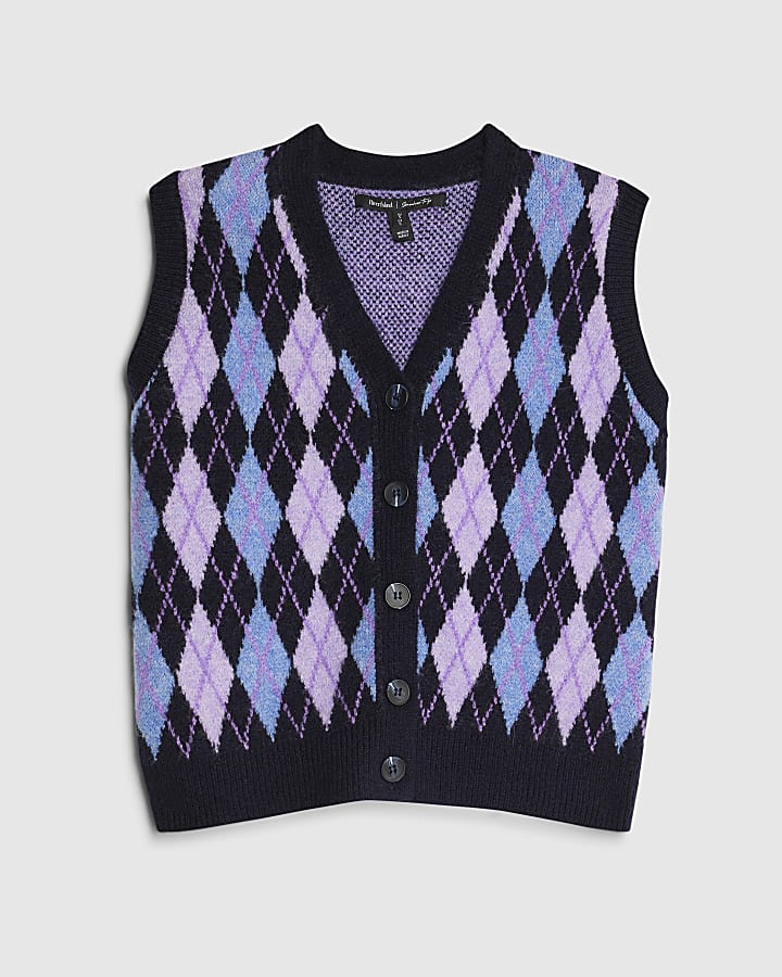 Navy Knitted Argyle Print Waistcoat
