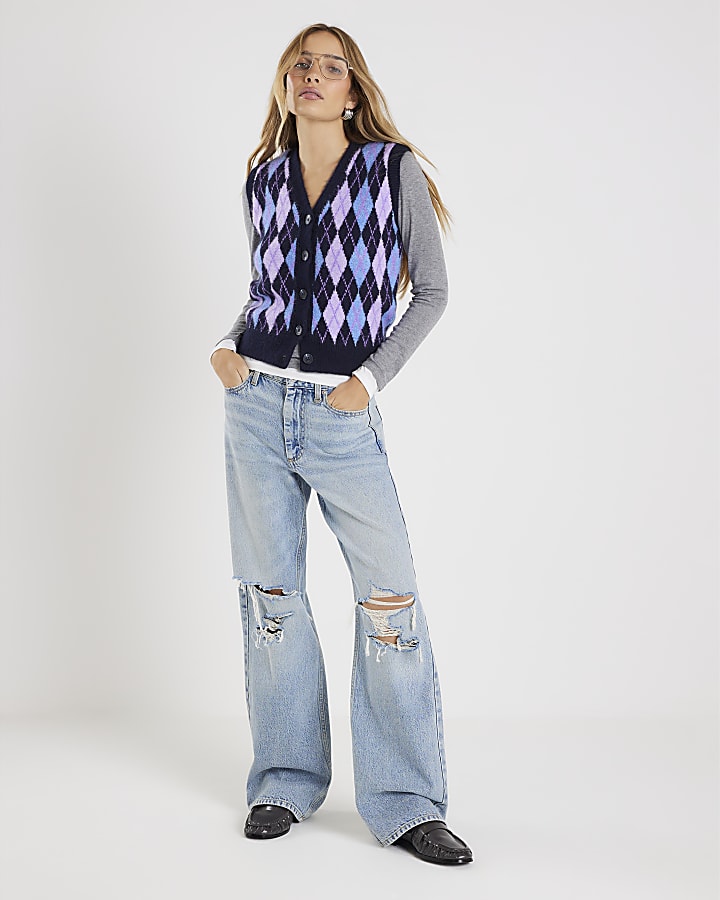 Navy Knitted Argyle Print Waistcoat