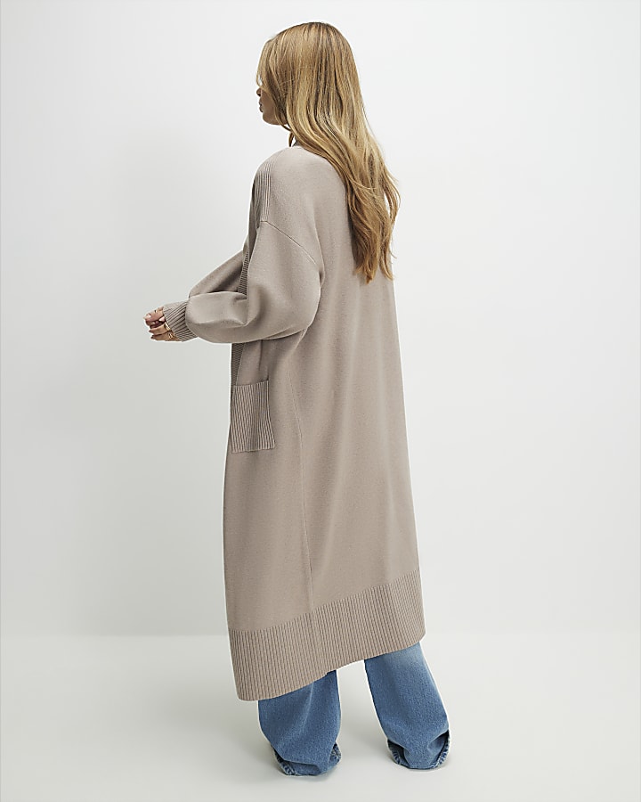 Beige Knitted Ribbed Maxi Cardigan