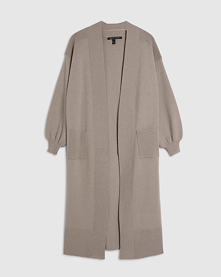 Beige Knitted Ribbed Maxi Cardigan