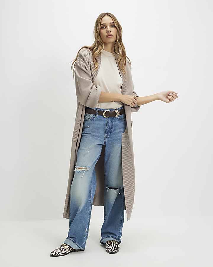 Beige Knitted Ribbed Maxi Cardigan