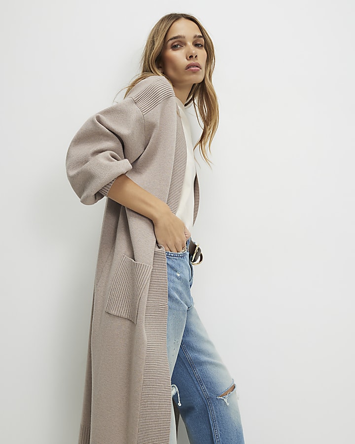 Beige Knitted Ribbed Maxi Cardigan