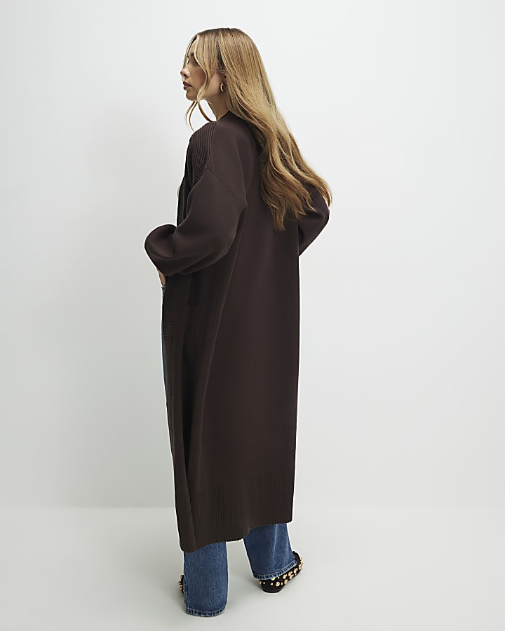 Brown Knitted Ribbed Maxi Cardigan