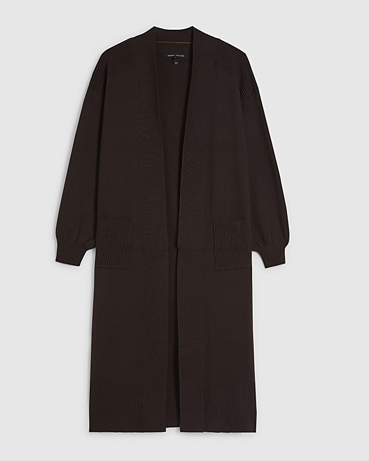 Brown Knitted Ribbed Maxi Cardigan