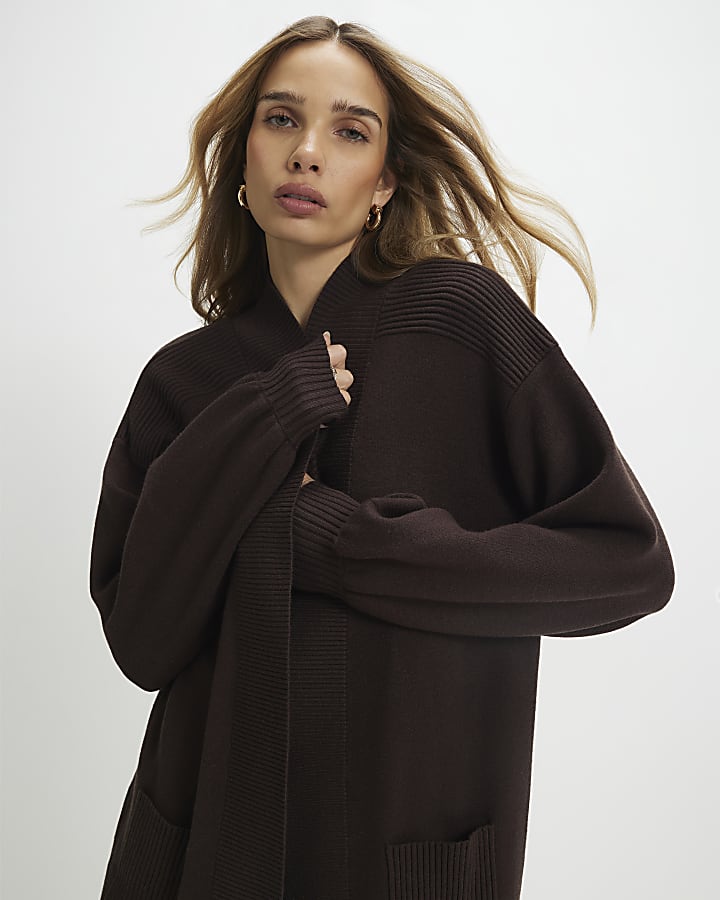 Brown Knitted Ribbed Maxi Cardigan