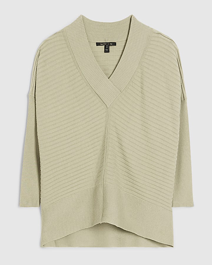 Green V Neck Ribbed Jumper