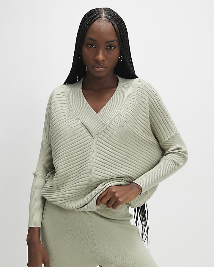Green V Neck Ribbed Jumper