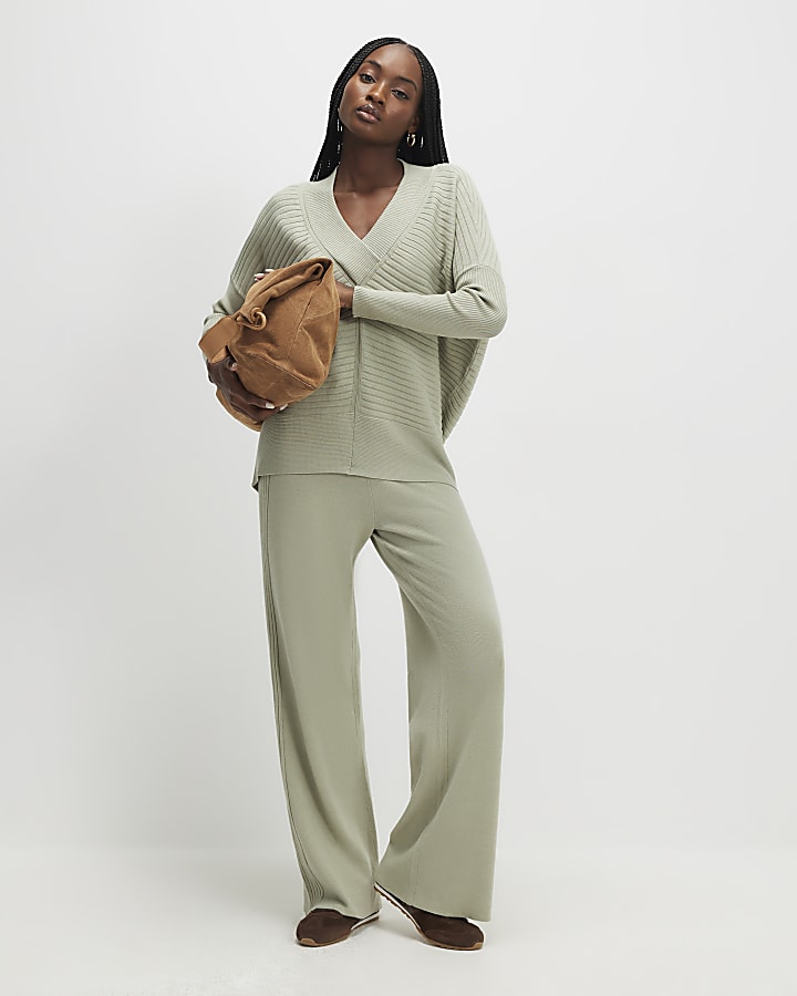 Green V Neck Ribbed Jumper