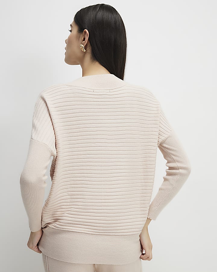 Cream V Neck Ribbed Jumper