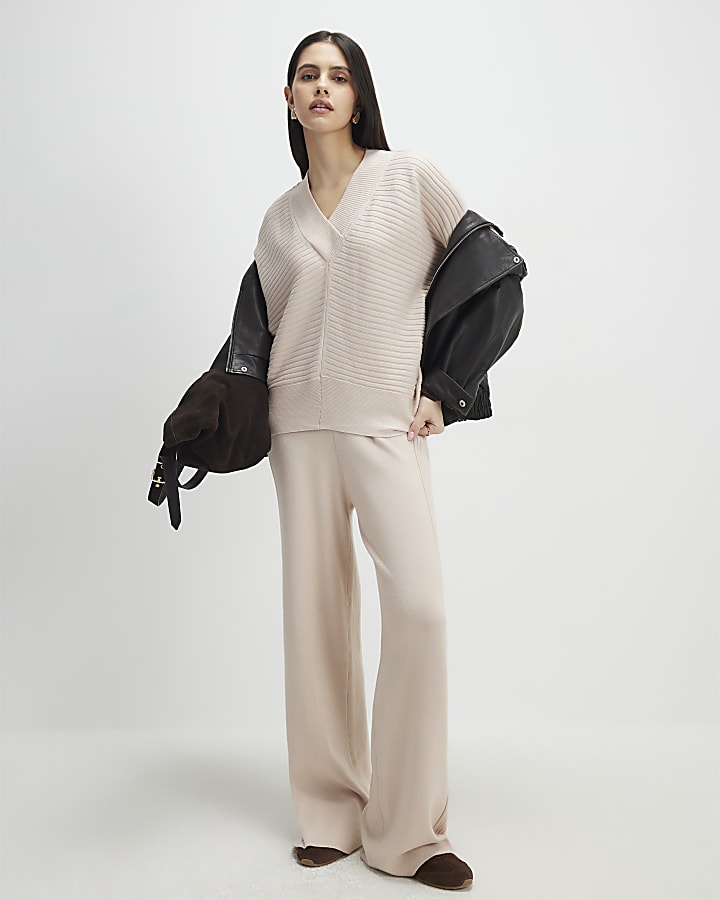 Cream V Neck Ribbed Jumper