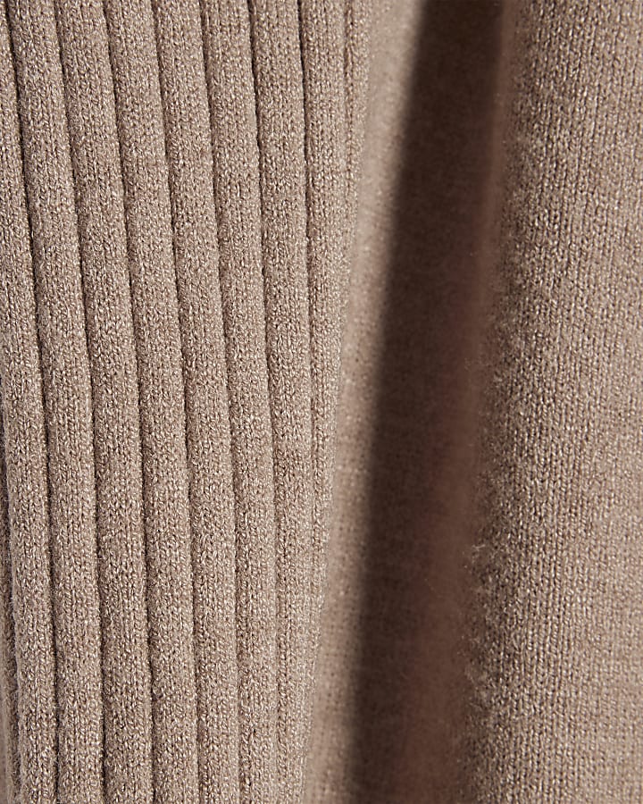 Beige Knitted Wide Leg Ribbed Trousers