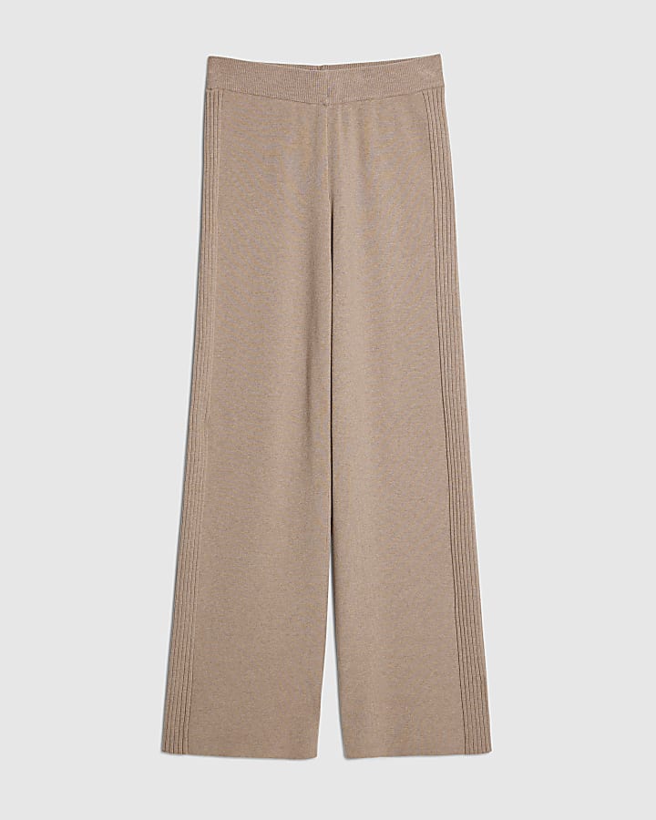 Beige Knitted Wide Leg Ribbed Trousers