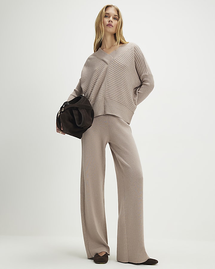 Beige Knitted Wide Leg Ribbed Trousers