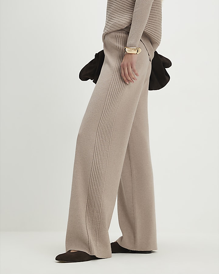 Beige Knitted Wide Leg Ribbed Trousers