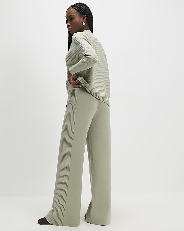 Green wide leg knitted ribbed trousers