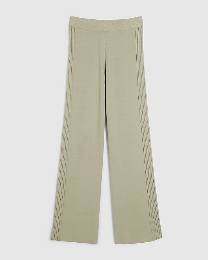 Green wide leg knitted ribbed trousers