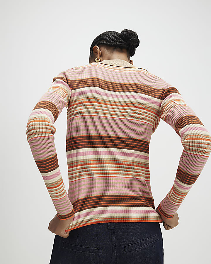 Pink Knitted Striped Long Sleeve Polo Top