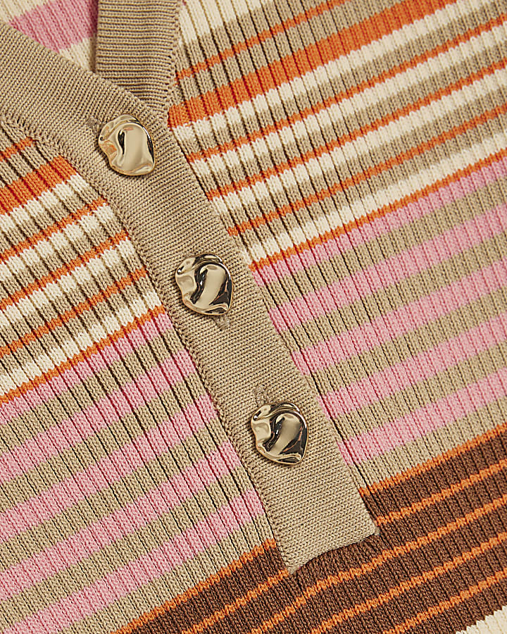 Pink Knitted Striped Long Sleeve Polo Top