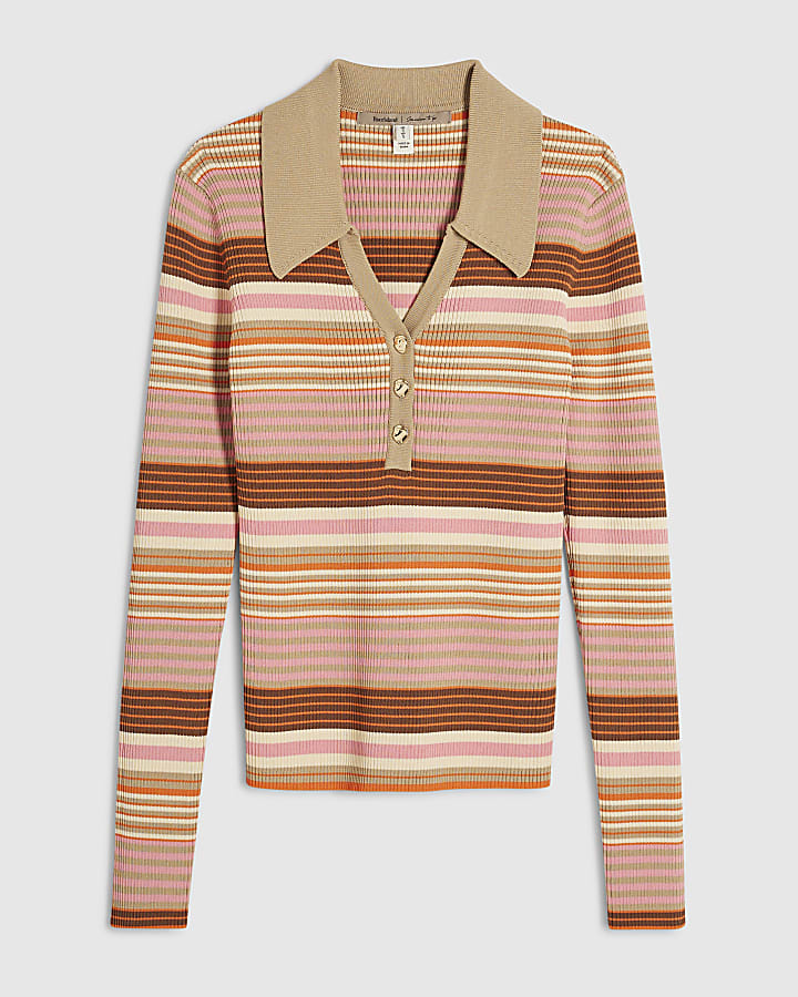 Pink Knitted Striped Long Sleeve Polo Top