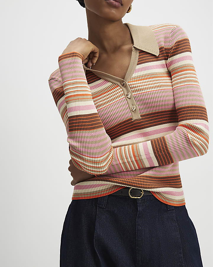 Pink Knitted Striped Long Sleeve Polo Top