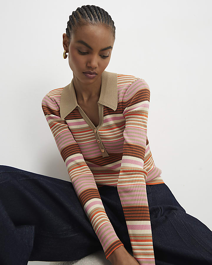 Pink Knitted Striped Long Sleeve Polo Top