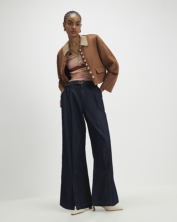 Pink Knitted Striped Long Sleeve Polo Top