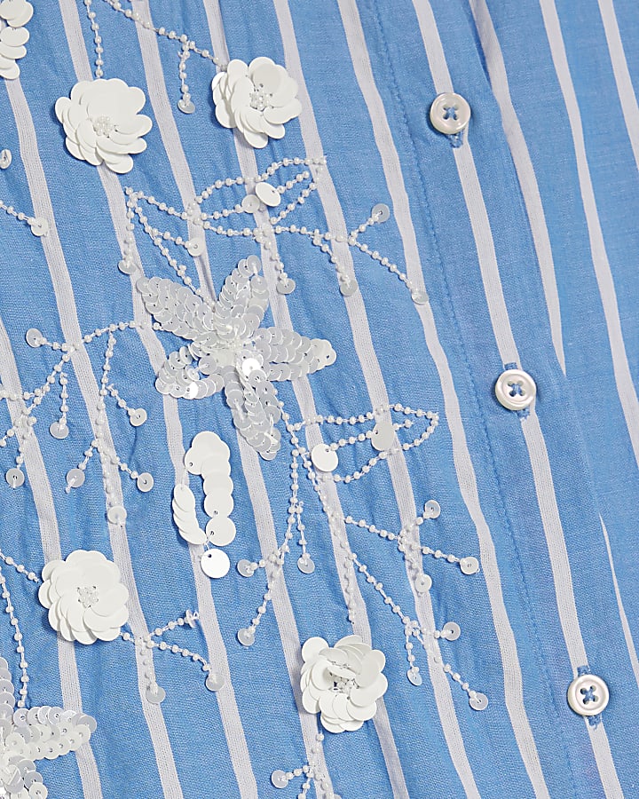 Blue Striped Long Sleeve Embellished Shirt