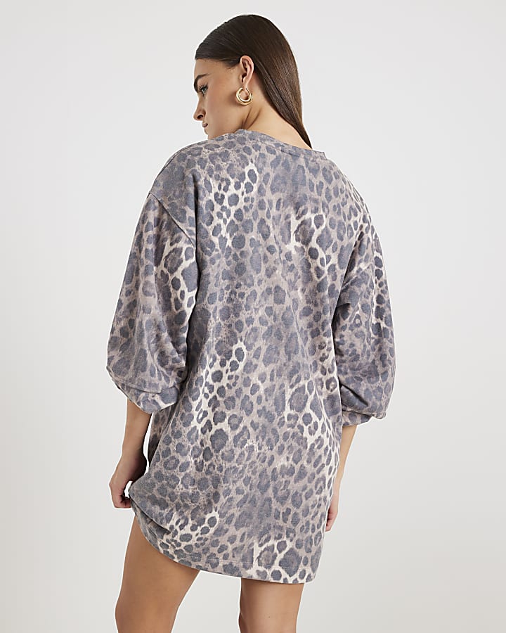 Beige Leopard Print Mini Sweatshirt Dress