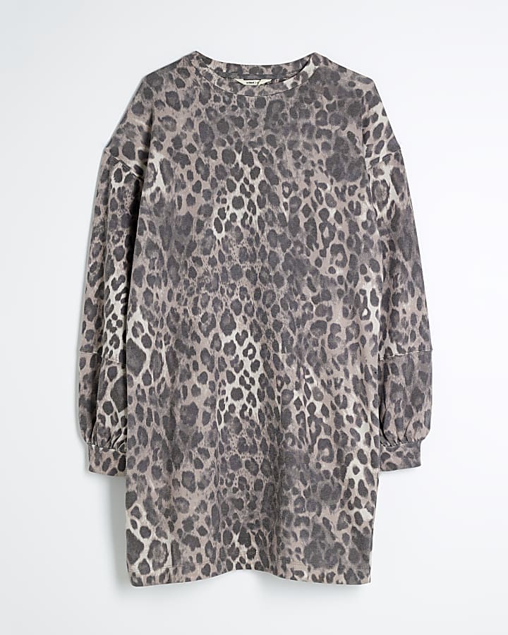Beige Leopard Print Mini Sweatshirt Dress