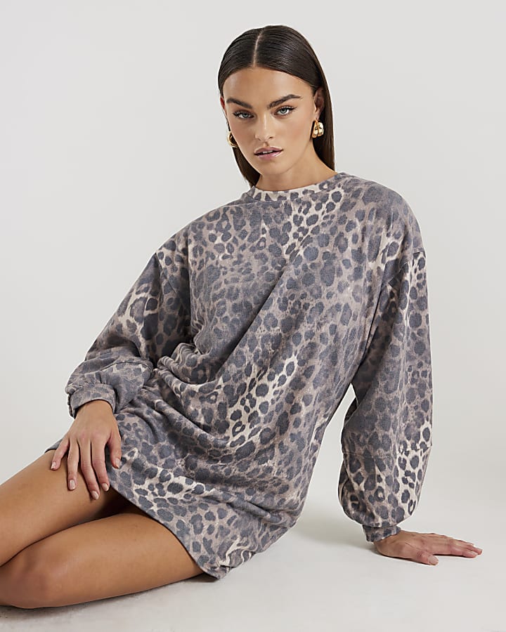 Beige Leopard Print Mini Sweatshirt Dress