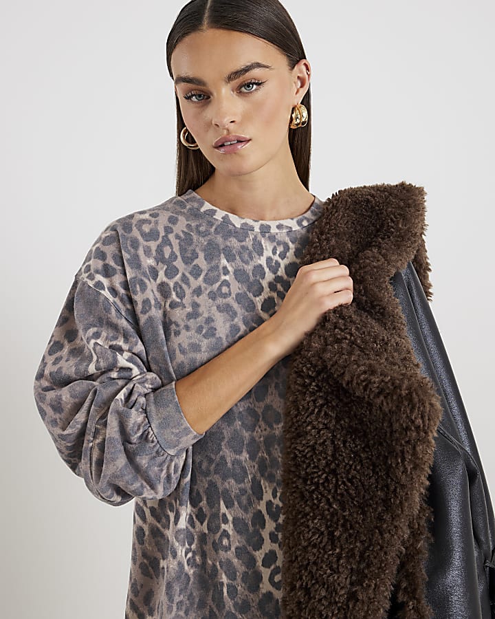 Beige Leopard Print Mini Sweatshirt Dress