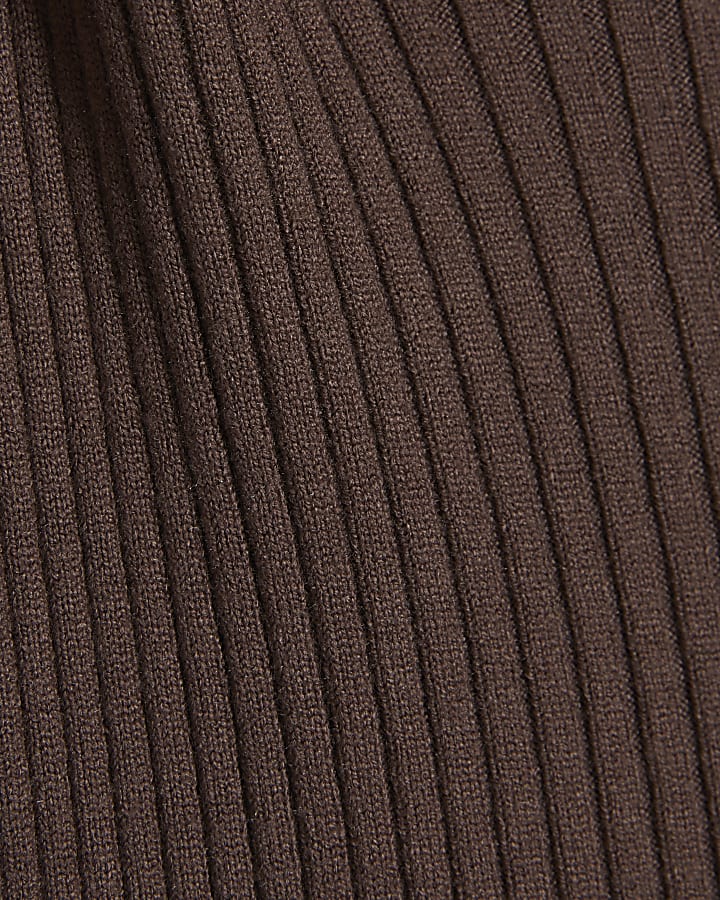 Brown Knitted Long Sleeve Tie Neck Midi Dress