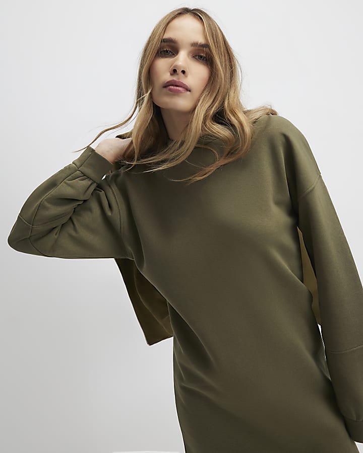 Khaki Long Sleeve Sweatshirt Dress