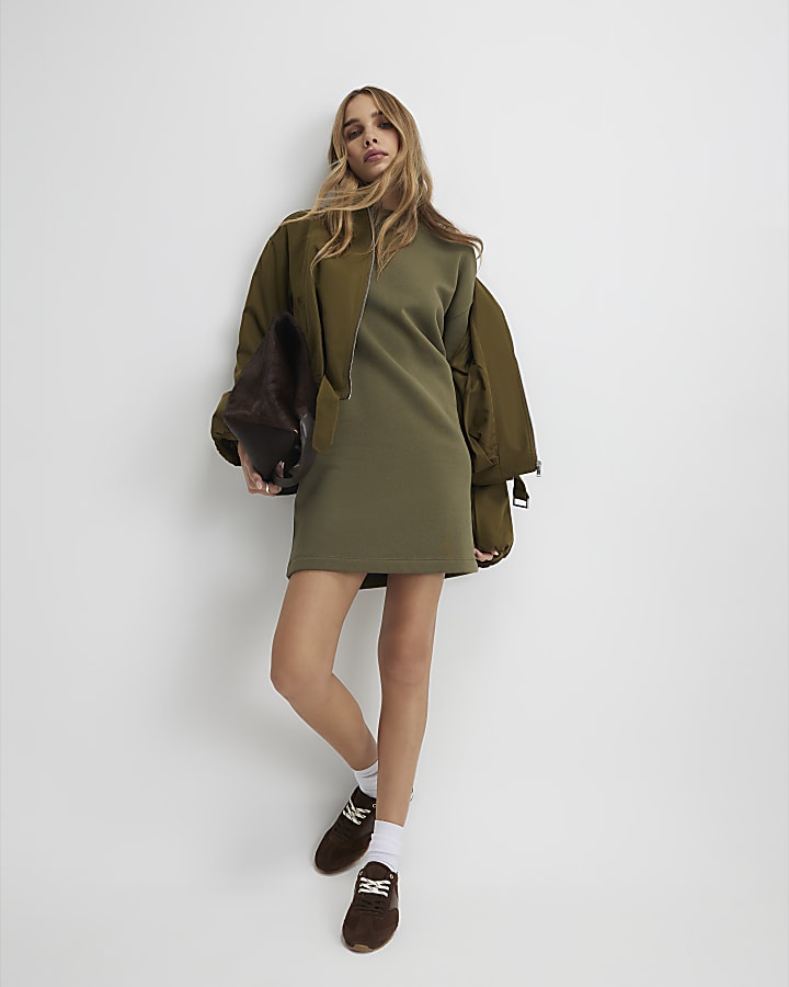 Khaki Long Sleeve Sweatshirt Dress