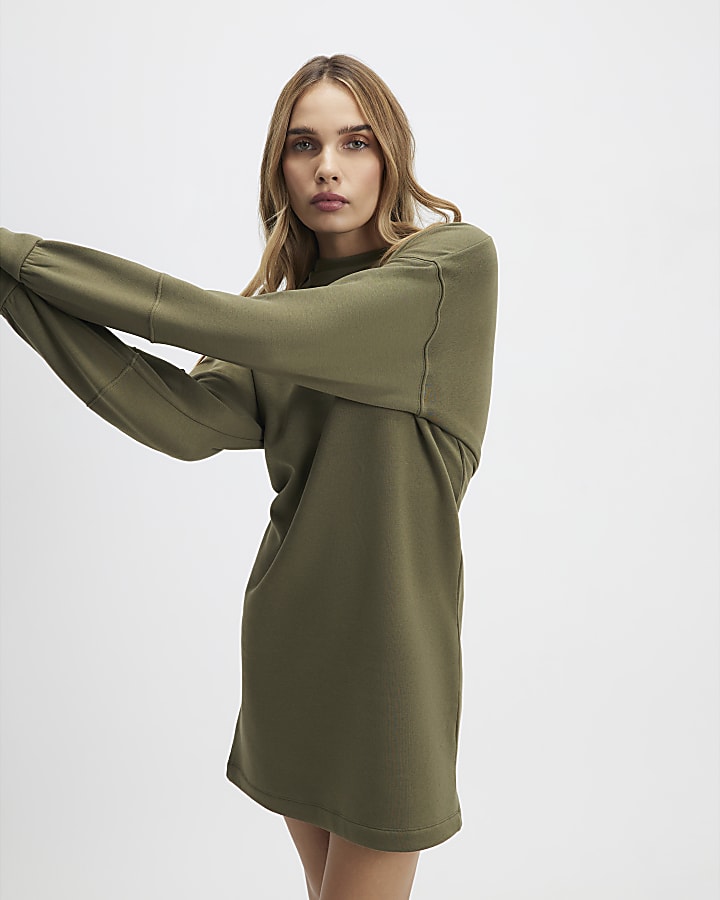 Khaki Long Sleeve Sweatshirt Dress