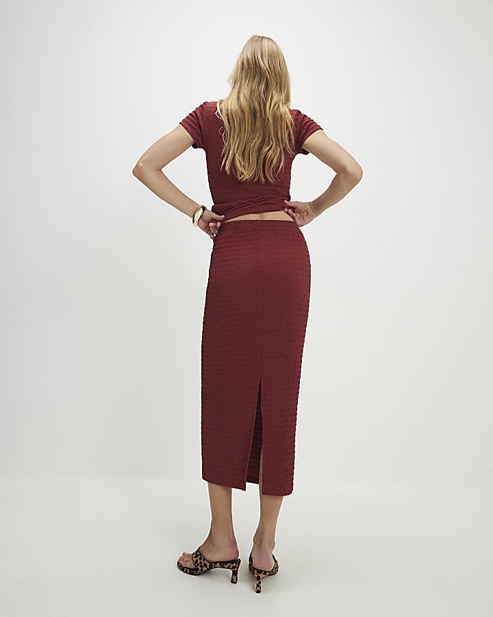 Red Textured Midi Skirt