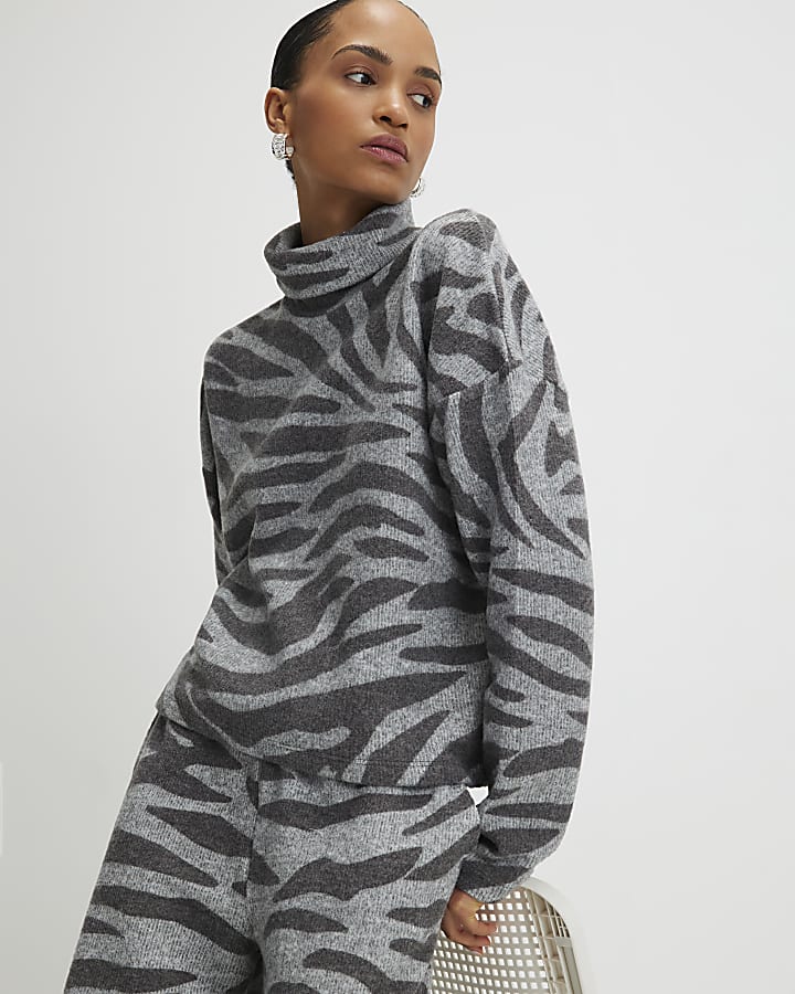 Grey Cosy Zebra Print Long Sleeve Top