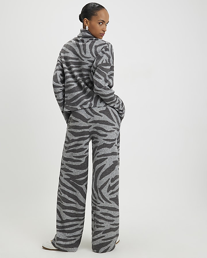 Grey Cosy Zebra Print Wide Leg Trousers