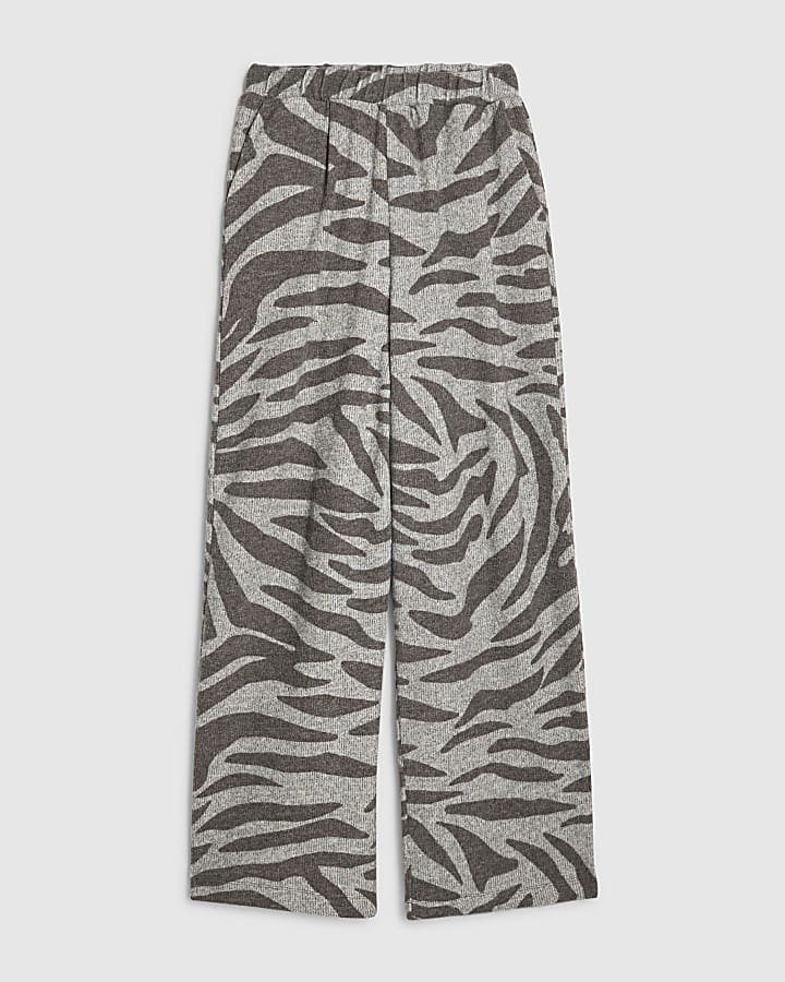 Grey Cosy Zebra Print Wide Leg Trousers