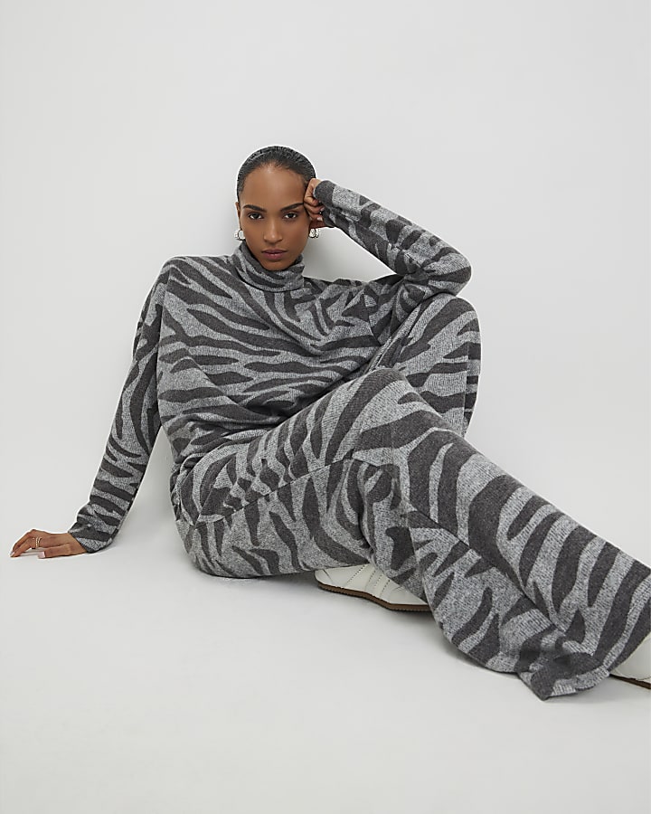 Grey Cosy Zebra Print Wide Leg Trousers