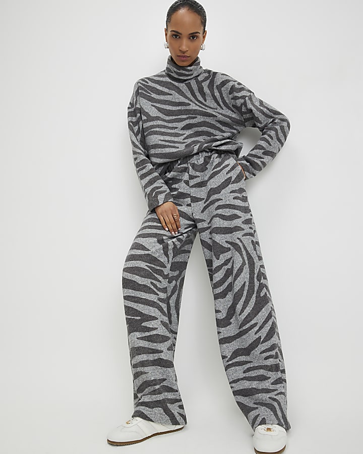 Grey Cosy Zebra Print Wide Leg Trousers