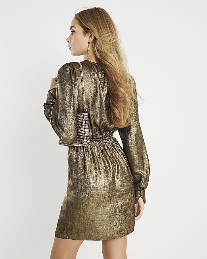 Gold Metallic Knot Front Mini Dress