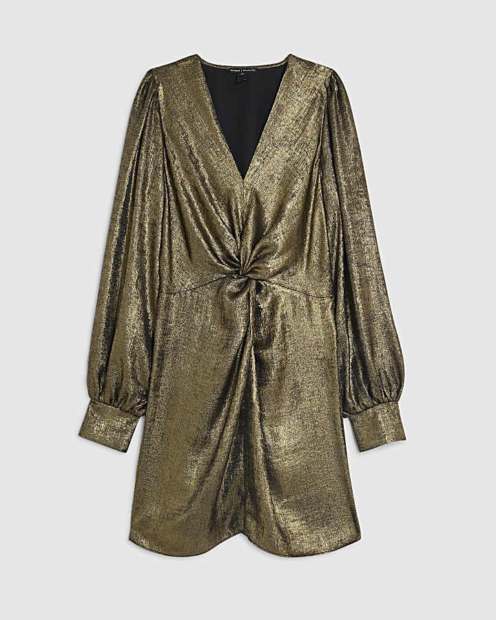Gold Metallic Knot Front Mini Dress