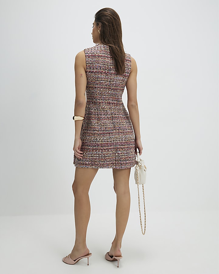 Brown Boucle Pleated Mini Dress