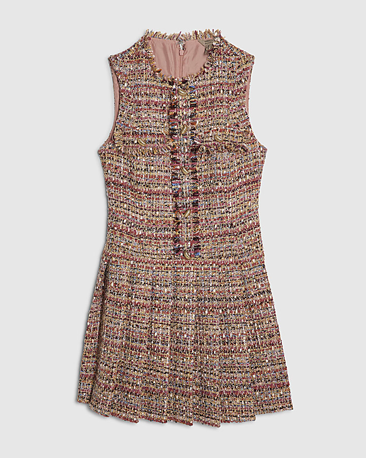 Brown Boucle Pleated Mini Dress